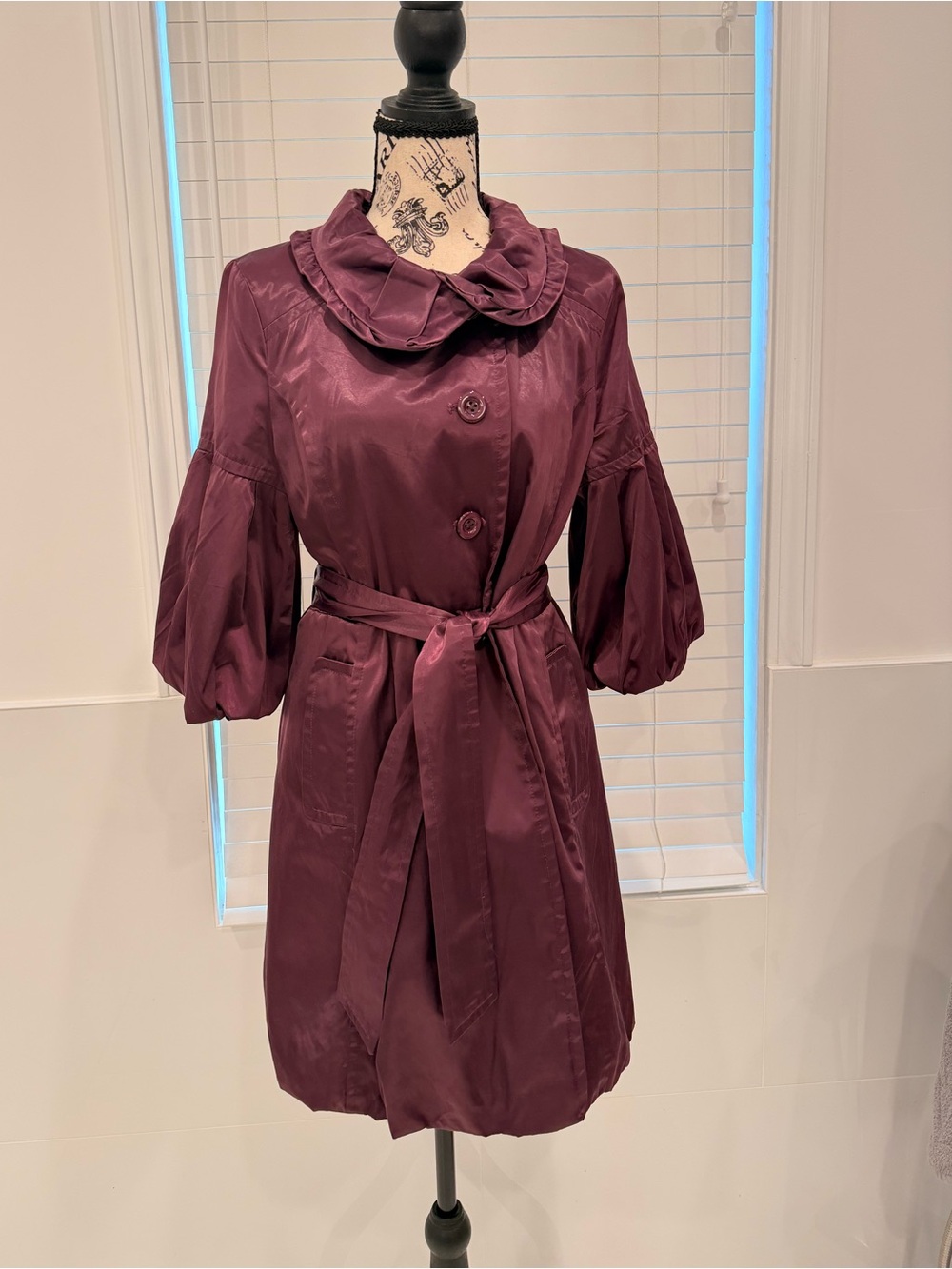 Vintage MCM Plum Purple Trench Coat Statement Balloon Sleeve Ruffle Collar